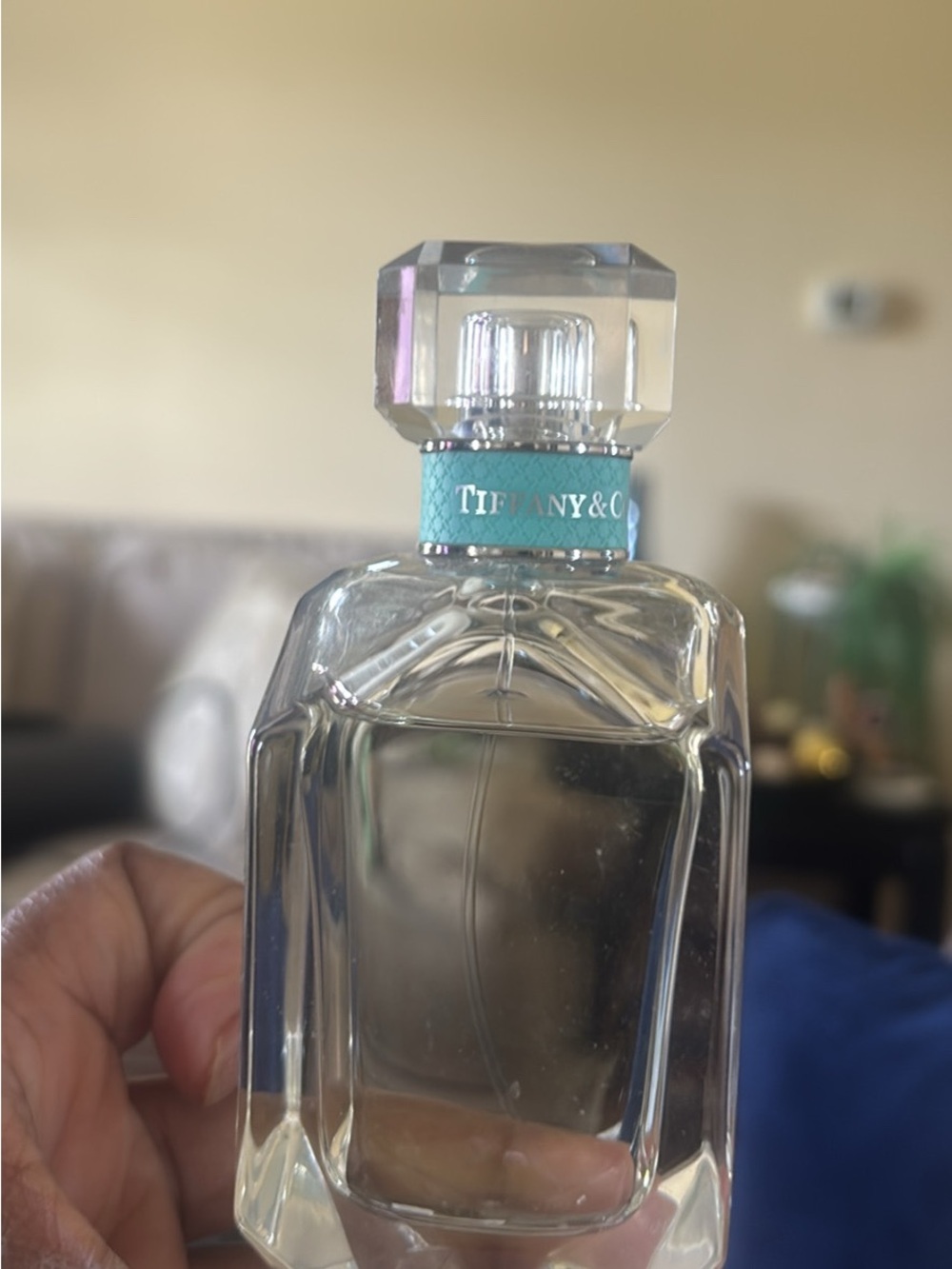 Tiffany & Co. Clear Glass Perfume Bottle with Tiffany Blue Neckband